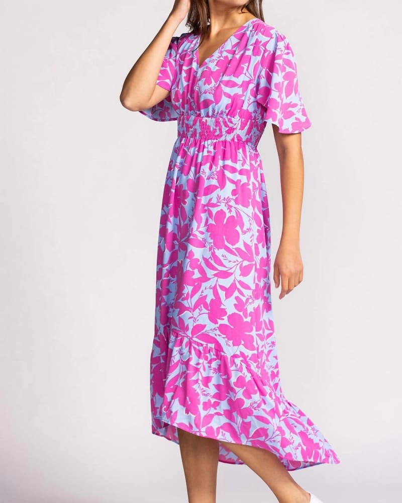 Front of a model wearing a size L Charlene Dress in Purple in Purple by PINK MARTINI. | dia_product_style_image_id:336221